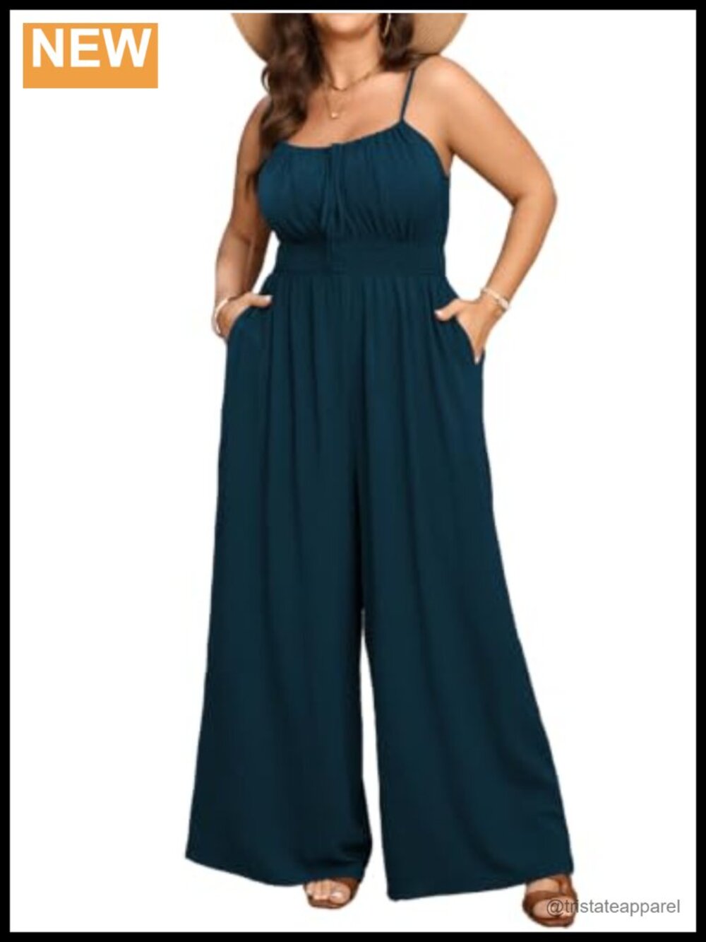 Plus Size Jumpsuit Loose Fit Square Neck Adjustable Straps Smocked Wide Leg